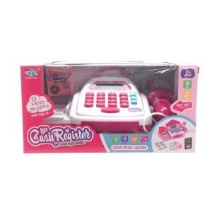 Caja registradora rosa y blanca, luz y sonido